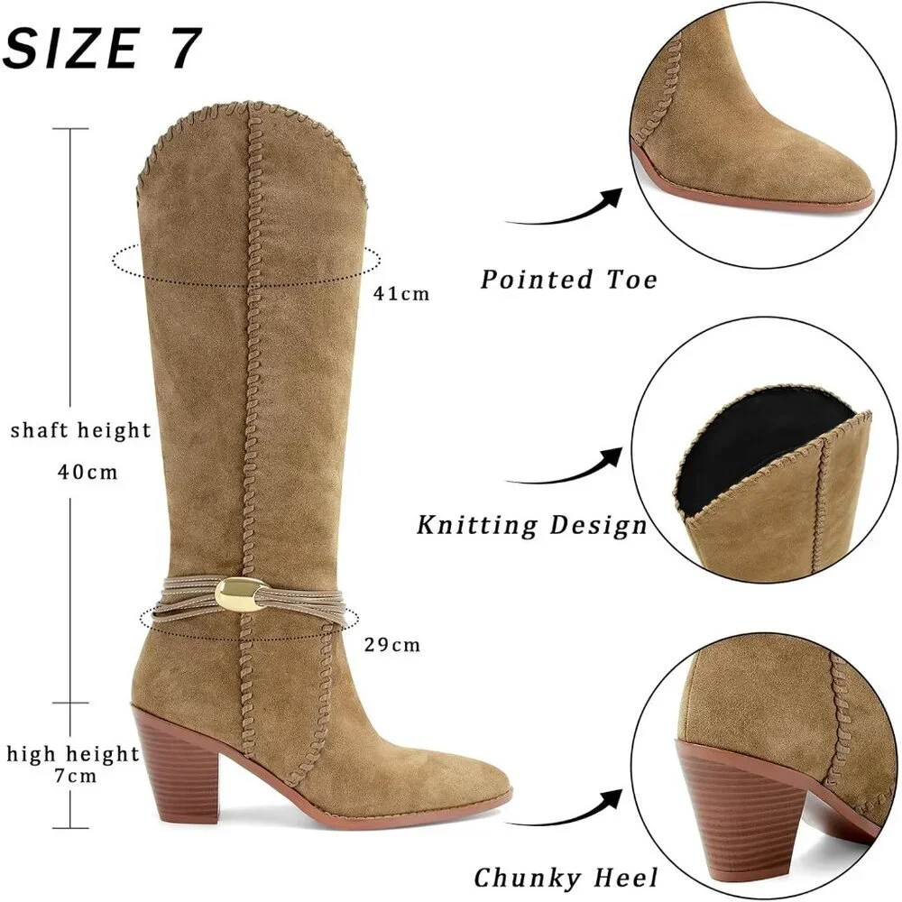 Women's Camel Suede Cowboy Pointed Toe Knee High Chunky Stylish Comfortable Heel